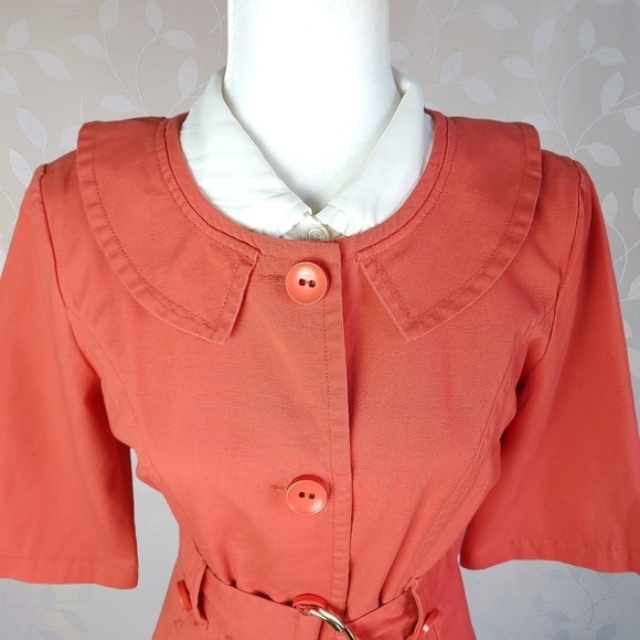 Tulle Retro Mod Peter Pan Collar Lightweight Cotton Canvas Long Jacket Coral - Picture 3 of 16